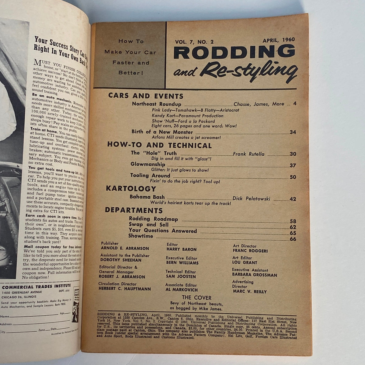 Interior page from VTG Rodding & Re-Styling Magazine April 1960, detailing car events and technical sections relevant to automotive enthusiasts.