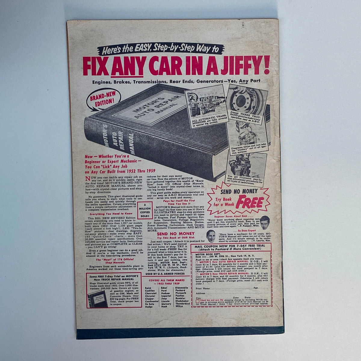 Back cover of VTG Rodding & Re-Styling Magazine February 1960 featuring an advertisement for a comprehensive auto repair manual, highlighting its easy step-by-step guide for various car repairs.