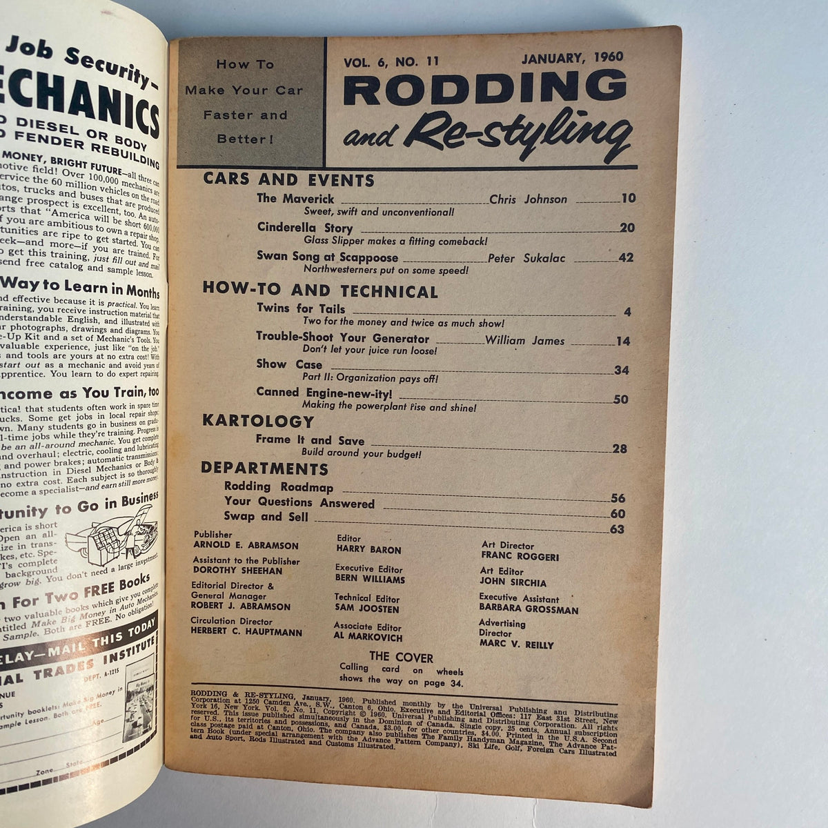 Inside page of VTG Rodding & Re-Styling Magazine January 1960, showcasing the contents and articles related to automotive tips and car events.