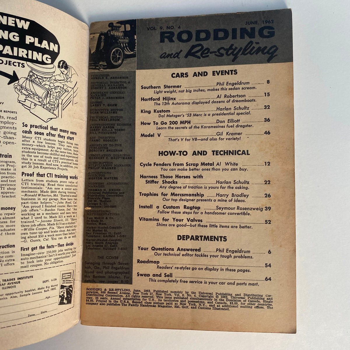 Interior page of VTG Rodding & Re-Styling Magazine June 1962 showcasing the table of contents, highlighting automotive articles and how-to guides.