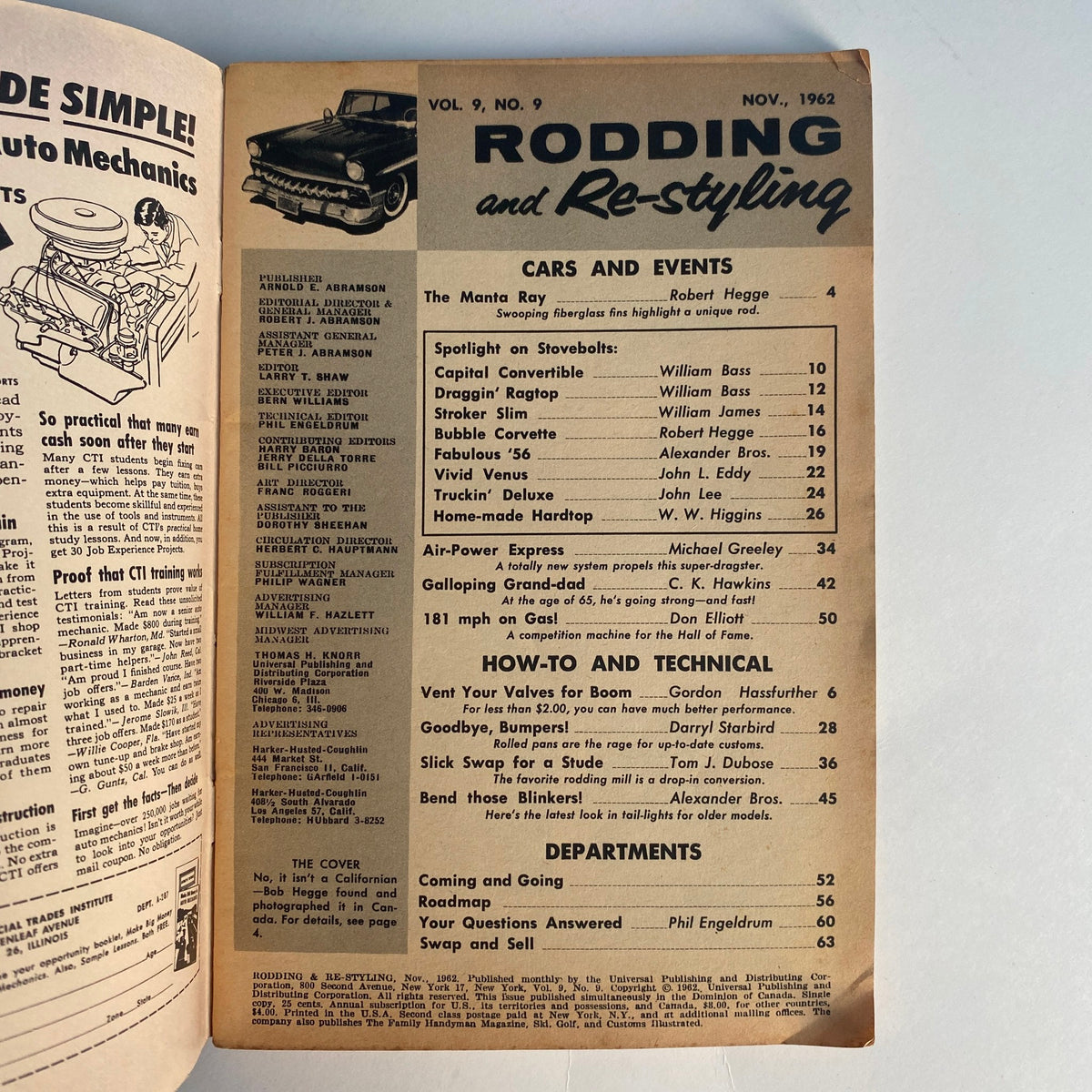 Inside page of the VTG Rodding & Re-Styling Magazine November 1962 showing contents layout with articles on cars and events including The Manta Ray.