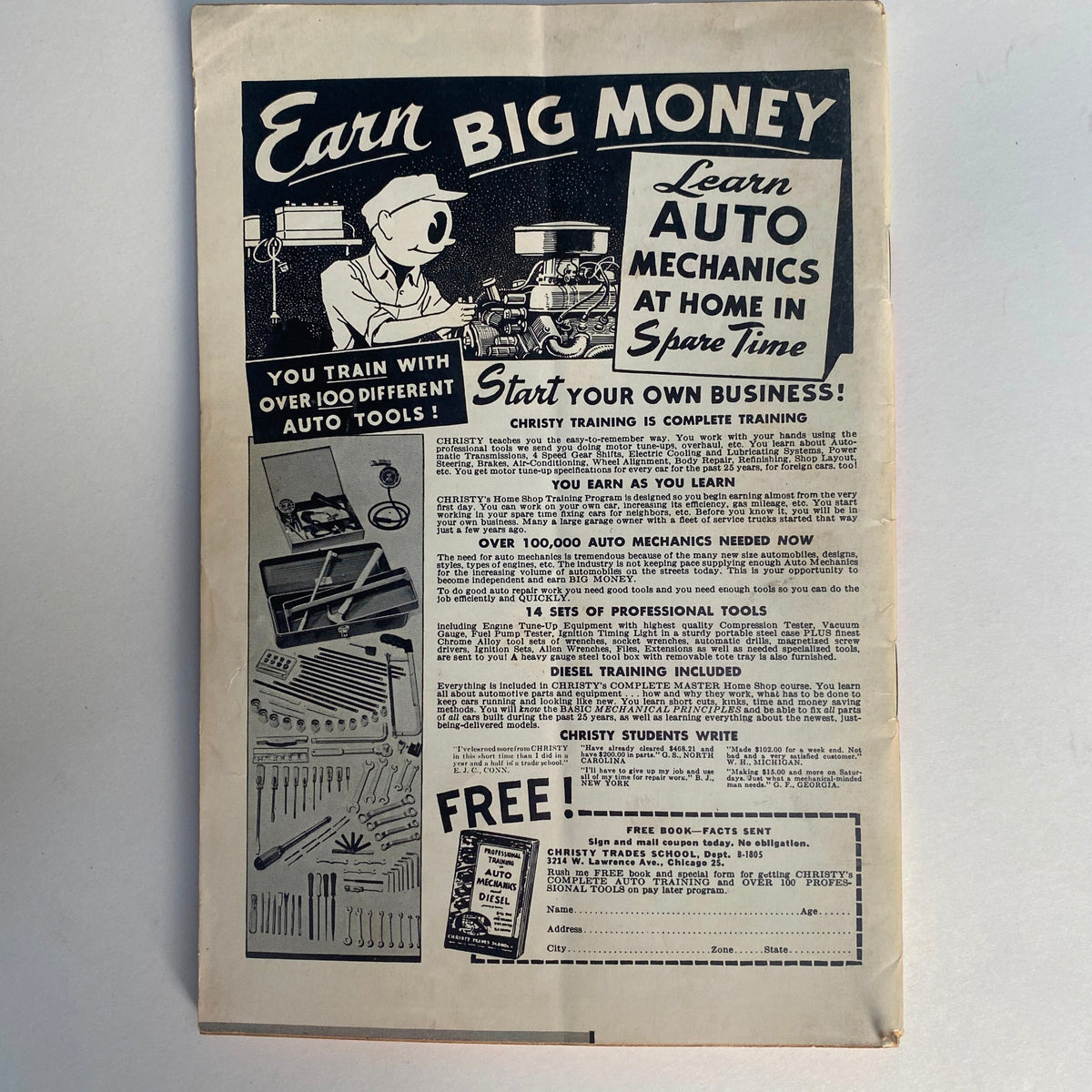 Back cover of the VTG Rodding & Re-Styling Magazine September 1962 promoting an auto mechanics training program with an illustration of various auto tools.