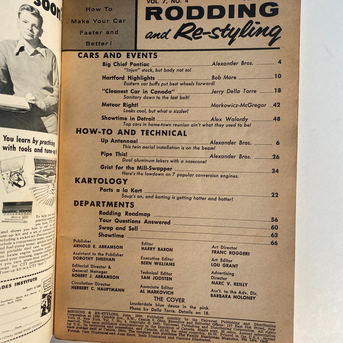 Table of contents from VTG Rodding & Re-Styling Magazine June 1960, highlighting articles related to car events and technical how-tos.