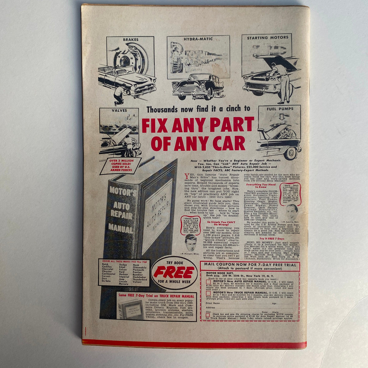 Back cover of VTG Rodding & Re-Styling Magazine June 1960 featuring an advertisement for auto repair manuals.