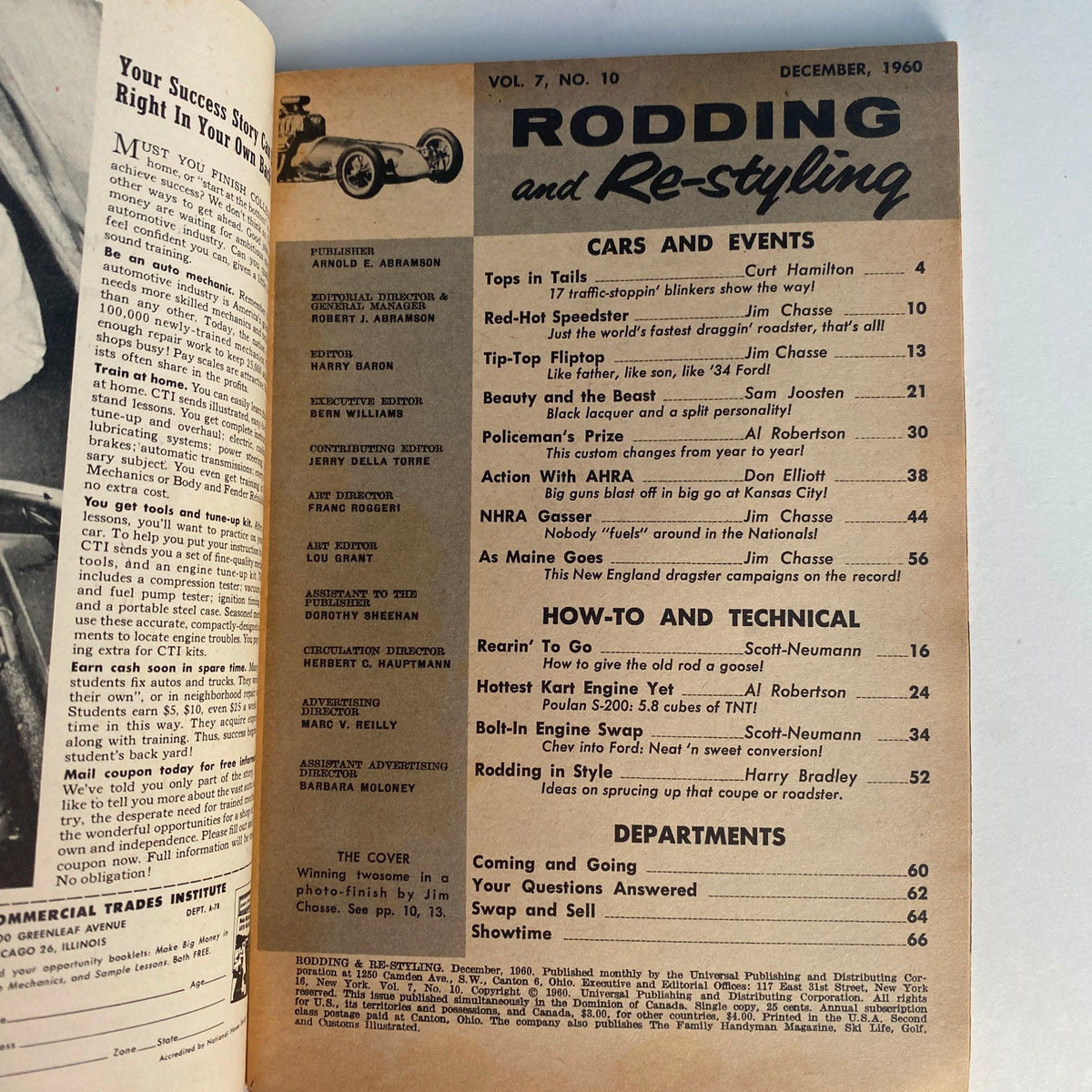 Inside page of VTG Rodding & Re-Styling Magazine December 1960 showing the table of contents and featured articles such as 'Tops in Tails' and 'Beauty and the Beast'.