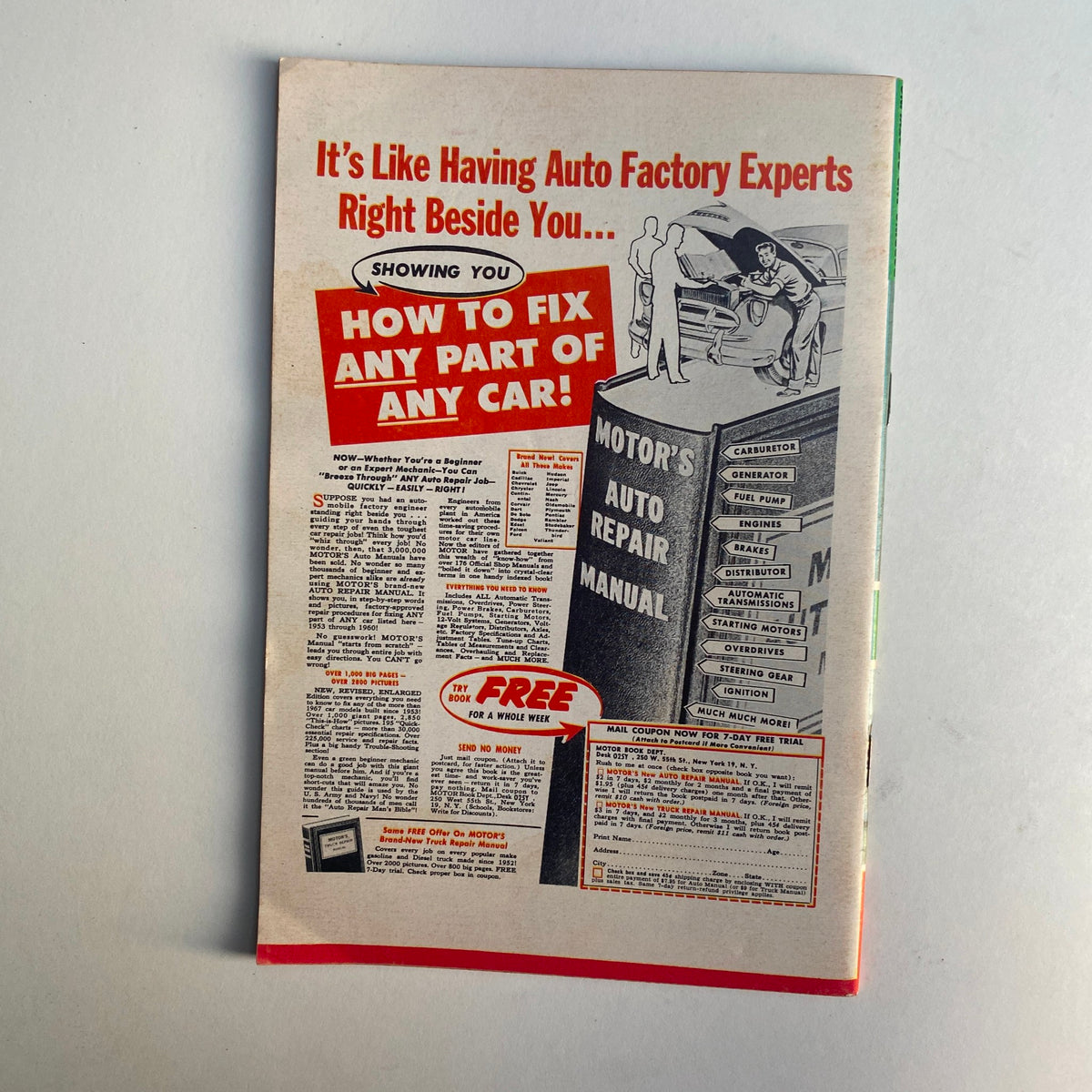 Back cover of VTG Rodding & Re-Styling Magazine December 1960 advertising Motor's Auto Repair Manual with promotional visuals and text.