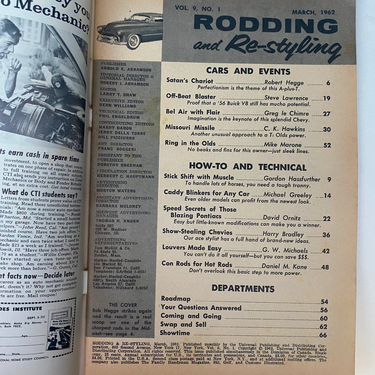 Cover page of VTG Rodding & Re-Styling Magazine March 1962 featuring articles on car events and how-to tips for automotive enthusiasts.