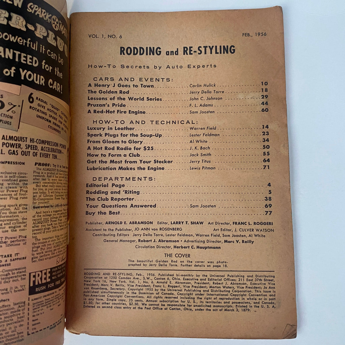 Inside page of the Vintage Rodding & Re-Styling Magazine February 1956 featuring the table of contents, articles on cars and technical tips, enhancing vintage car enthusiasts' knowledge.
