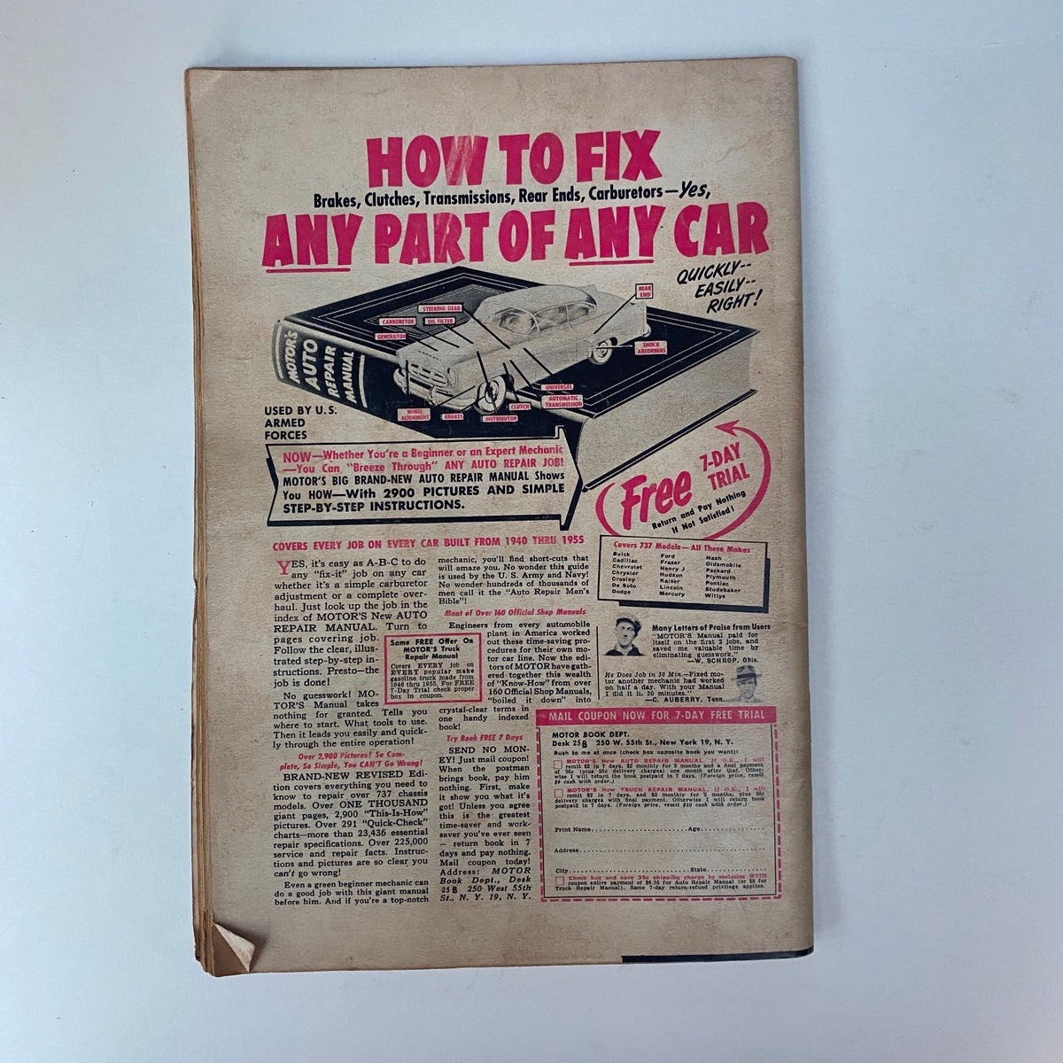 Cover of the VTG Rodding & Re-Styling Magazine from March 1956 featuring an advertisement on how to fix any part of a car. The ad showcases auto repair techniques with vivid graphics, appealing to vintage car enthusiasts looking to learn about 1950s automotive culture.