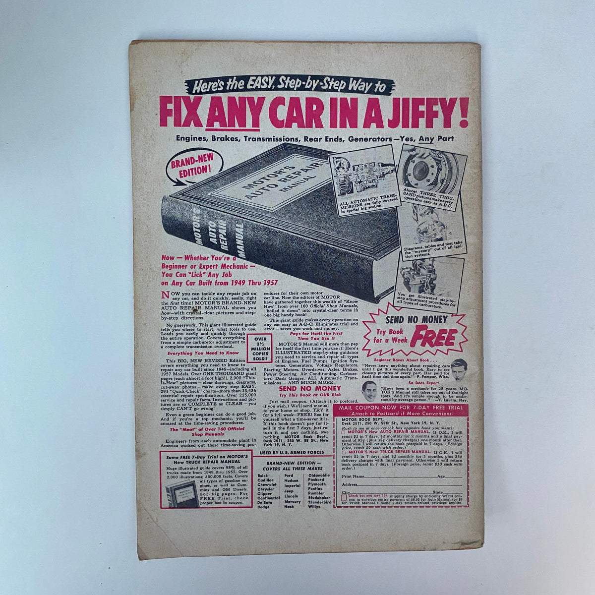 Back cover of VTG Rodding & Re-styling Magazine November 1957 displaying an advertisement for an automotive repair manual, highlighting tools and resources for car enthusiasts.
