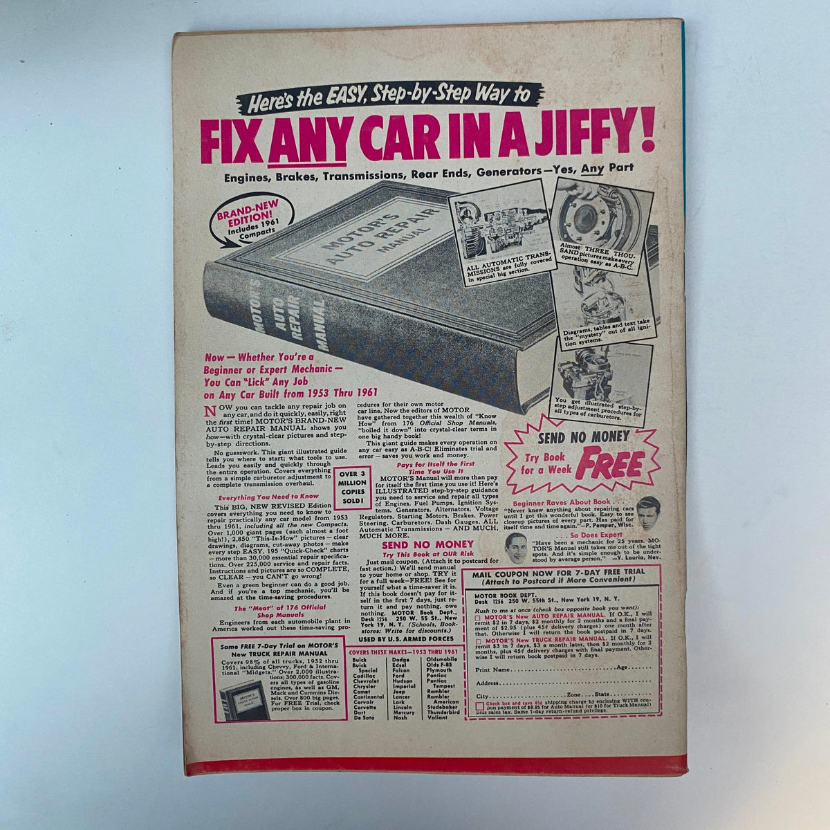 Rodding & Re-Styling Magazine June 1961 featuring a vintage advertisement for an auto repair manual titled 'Fix Any Car in a Jiffy', showcasing automotive repair tips for vehicles from 1953 to 1961, emphasizing easy step-by-step instructions.