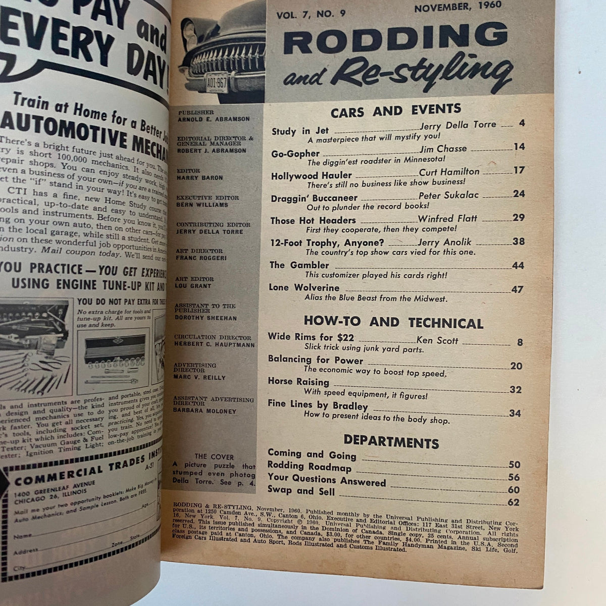 Interior page of Rodding & Re-Styling Magazine November 1960 displaying the table of contents with articles on car culture and modifications.