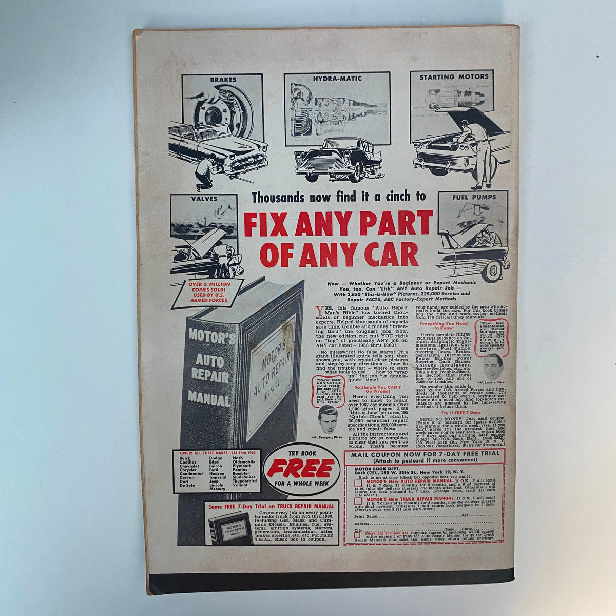Back cover of Rodding & Re-Styling Magazine November 1960 featuring advertisements and promotions for auto repair manuals.