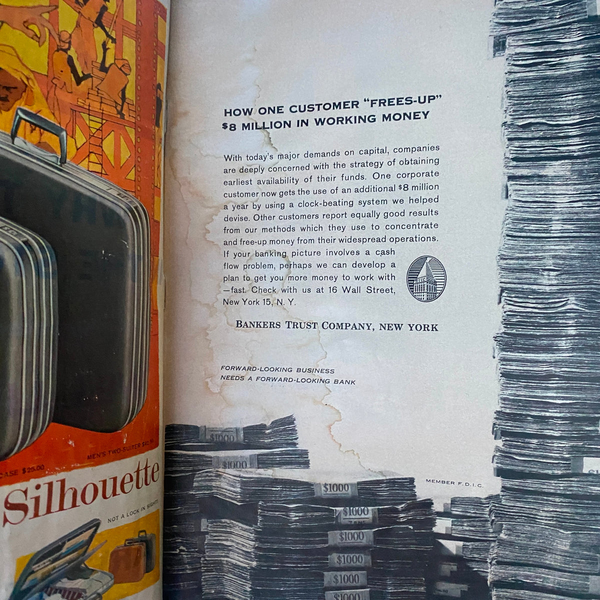 Interior page of US News & World Report Magazine from October 5, 1959, discussing financial strategies with an advert for Bankers Trust Company.