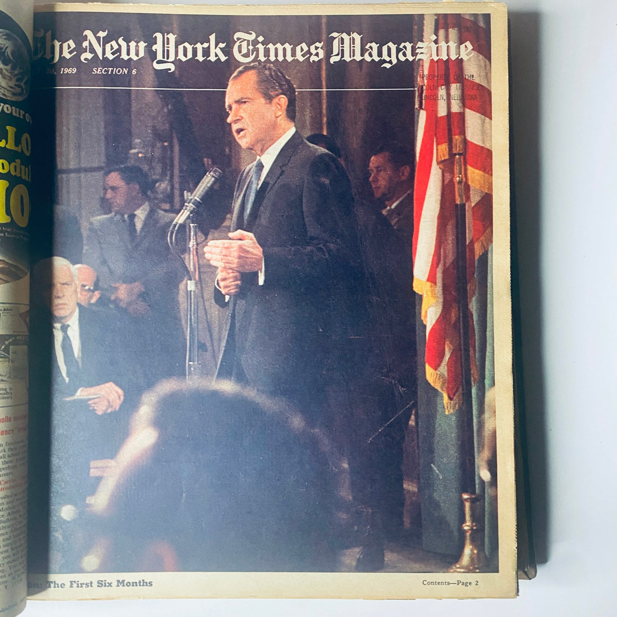 Cover of The New York Times Magazine from July 20, 1969, featuring a photograph of President Nixon giving a speech, capturing a significant moment in political history during that summer.