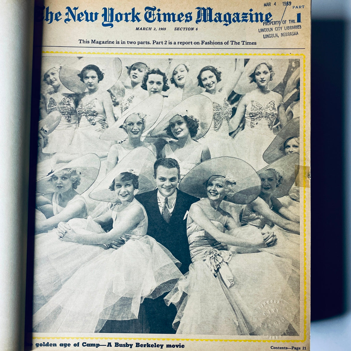 The New York Times Magazine dated March 2, 1969, showcasing a vintage fashion photograph with elegantly dressed women in large hats and a man, part of an article about the golden age of Camp.