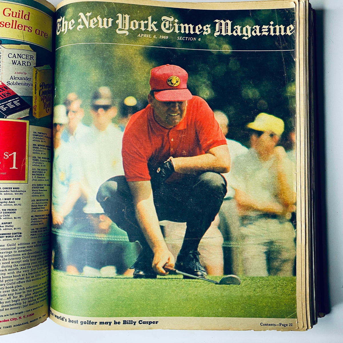 Cover of The New York Times Magazine April 6, 1969, showcasing professional golfer Billy Casper on a putting green, highlighting sports journalism from the era.