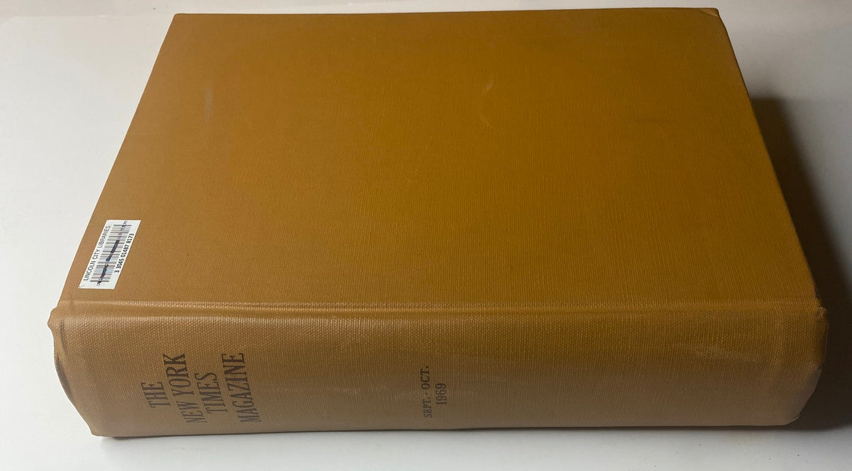 The New York Times Bound Magazine 1969 September - October, with a similar brown hardcover showcasing the title on the spine and a library sticker, emphasizing its historical significance.