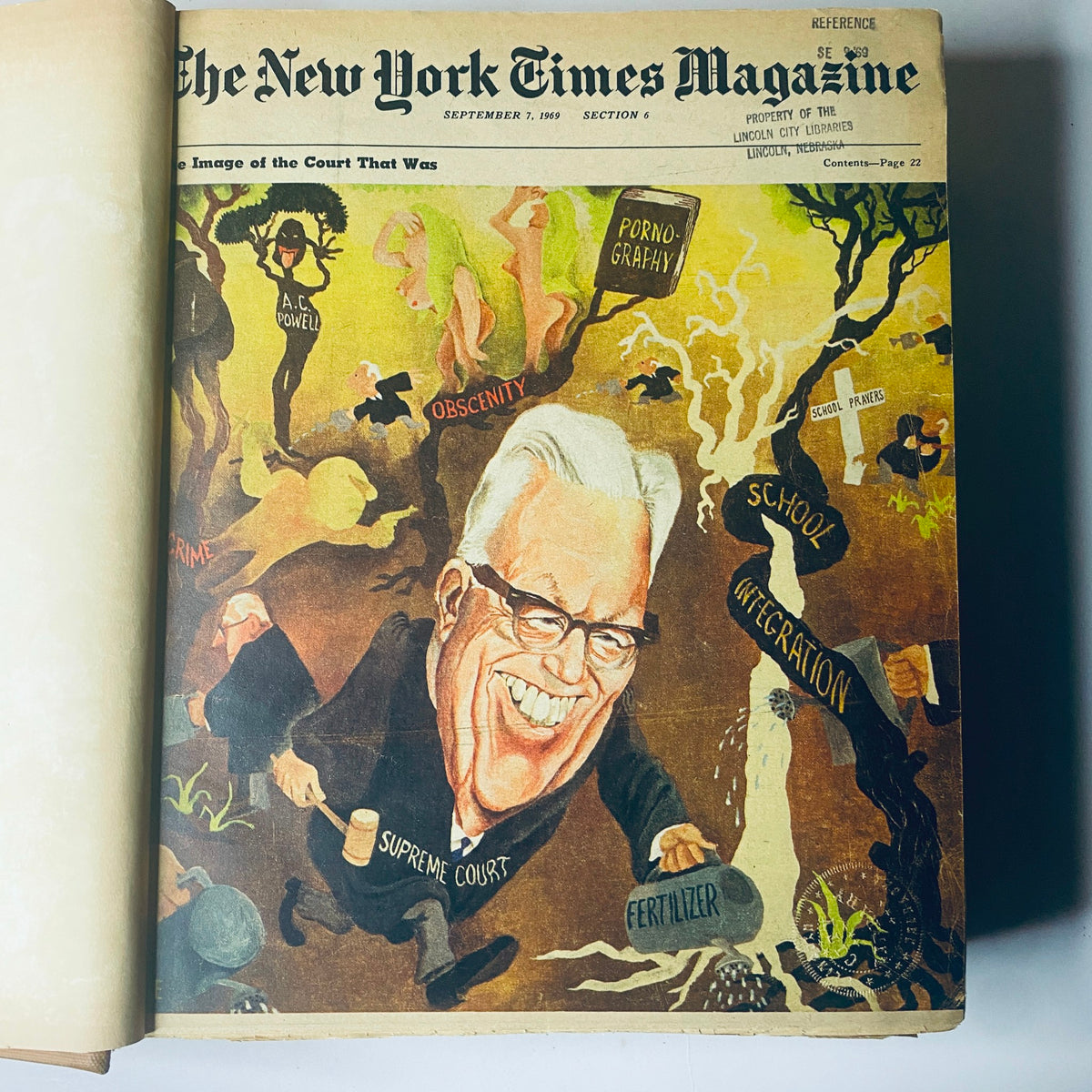 The New York Times Bound Magazine 1969 September - October, showing the colorful cover of the September 7, 1969 issue, featuring political themes and illustrations representing court cases, a valuable piece of journalistic history.
