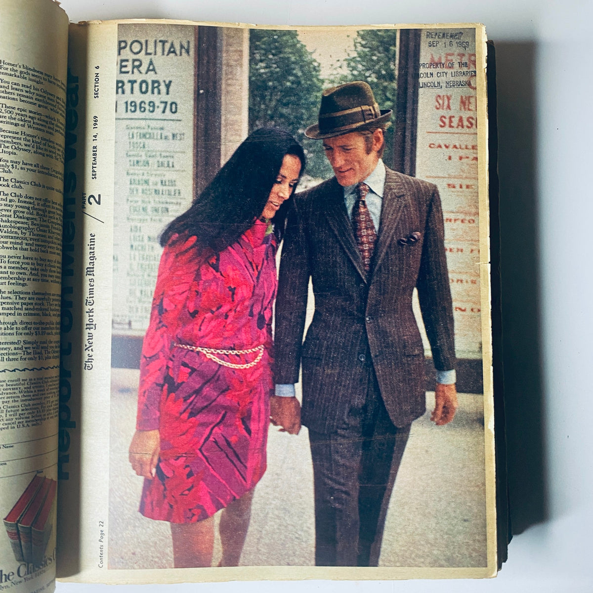Cover of The New York Times Bound Magazine, September 14, 1969, showcasing a couple walking hand in hand, highlighting fashion trends of the era.