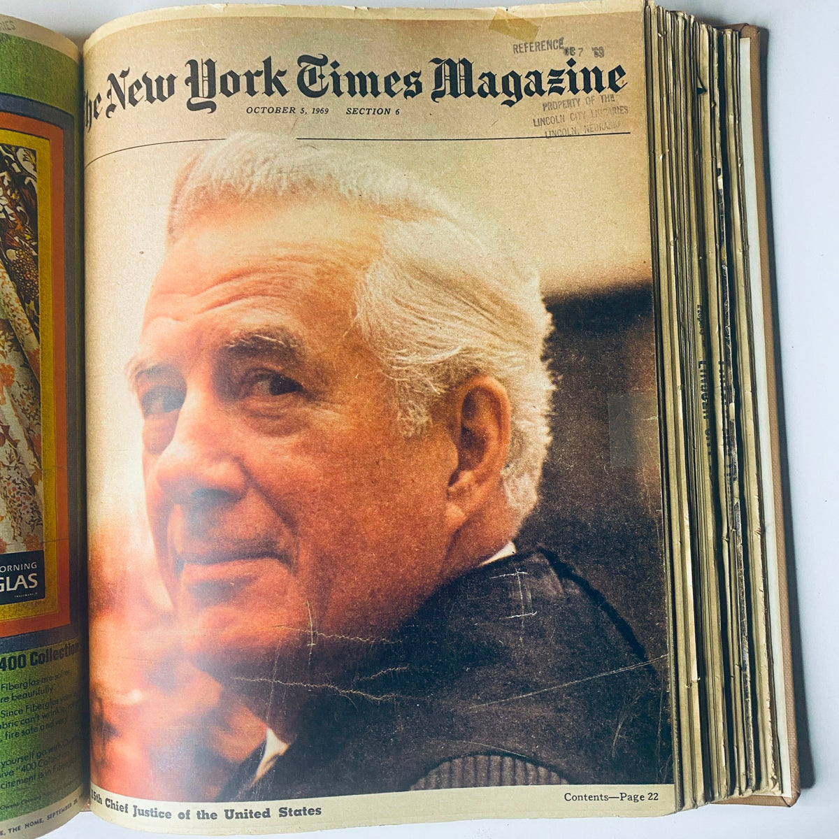 The New York Times Bound Magazine 1969 September - October featuring a close-up of a man, possibly a prominent figure, looking thoughtfully. The magazine page is from the issue dated October 5, 1969.
