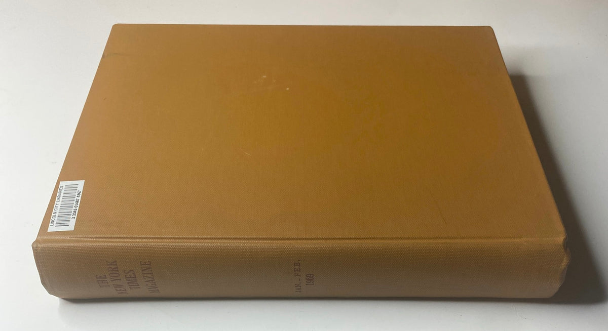 Spine view of The New York Times Library Edition Bound Magazine 1969 January - February, showing the title embossed.