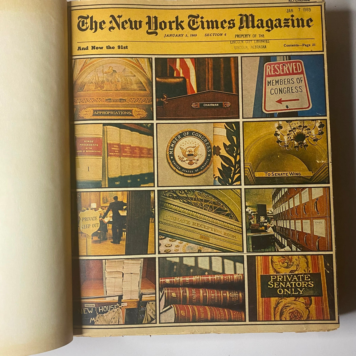 Inside page of The New York Times Magazine from January 5, 1969, showing a collage titled 'And Now the 91st' with various images related to Congress.
