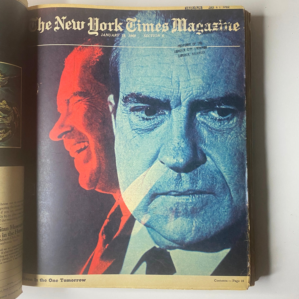 Cover of The New York Times Magazine, January 19, 1969, featuring a striking image of a concerned Richard Nixon, highlighting the political climate of the era.