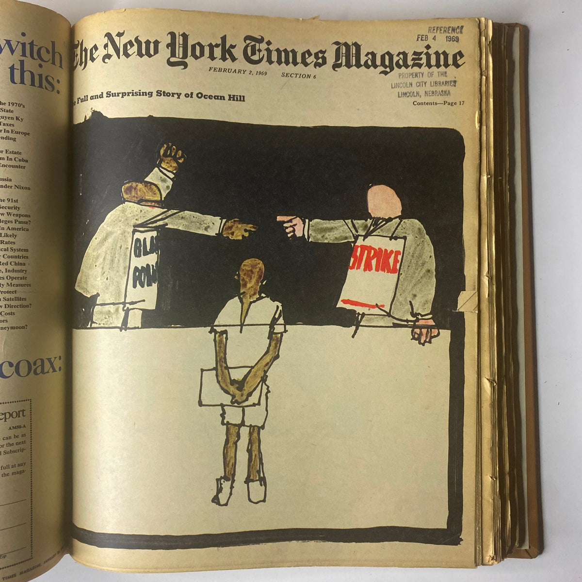 Cover of The New York Times Magazine, February 2, 1969, depicting a tense scene with striking figures, symbolizing the conflict around education in Ocean Hill.