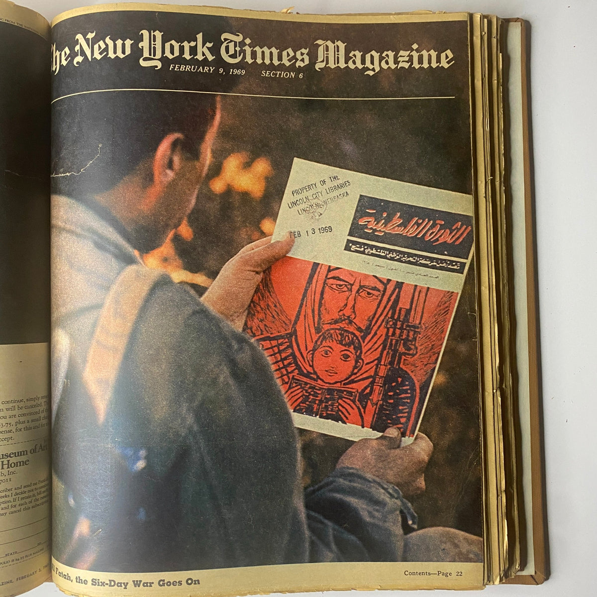 Cover of The New York Times Magazine, February 9, 1969, illustrating a soldier holding a publication, reflecting on the ongoing Six-Day War.