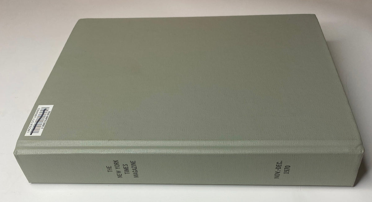 Side view of The New York Times Library Edition Bound Magazine, November - December 1970, showcasing the title and a library sticker.
