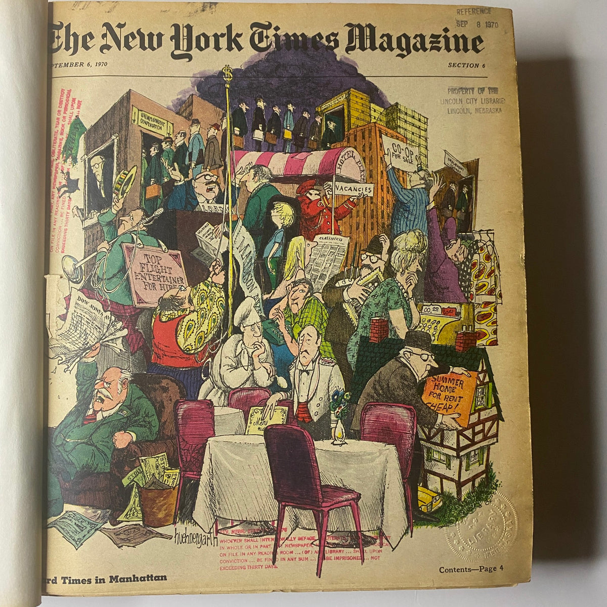 Cover of The New York Times Library Edition Bound Magazine, September 6, 1970, featuring a colorful illustration of various people reading newspapers and interacting in a busy setting.