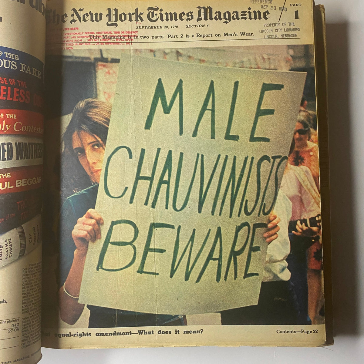 Cover of The New York Times Library Edition Bound Magazine, September 20, 1970, showing a woman holding a sign that reads 'MALE CHAUVINISTS BEWARE' during a protest.