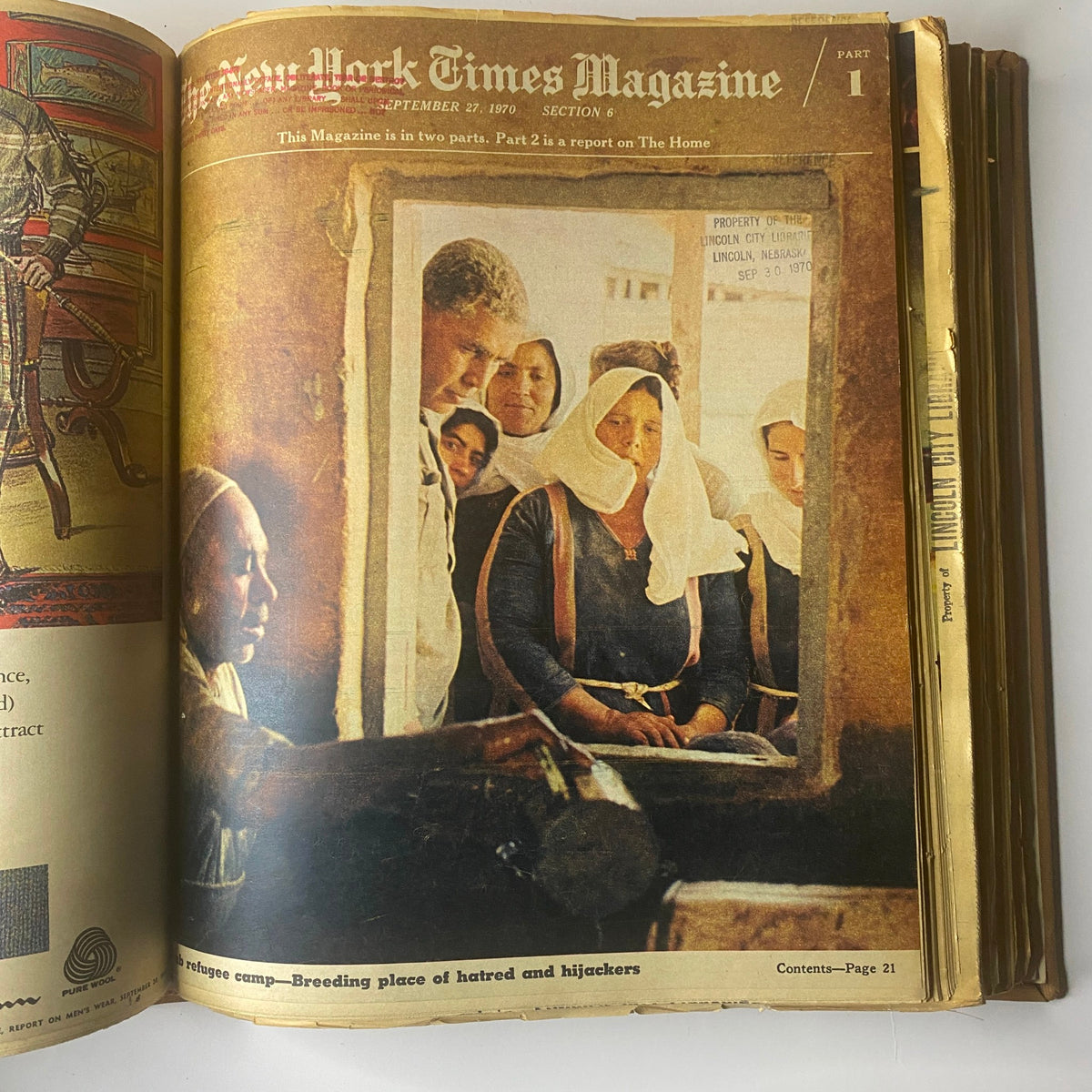 The New York Times Library Edition Bound Magazine 1970 September - October, featuring an image from the September 27, 1970 edition, depicting several individuals reflecting on a topic at a refugee camp with the caption discussing themes of hatred and hijackers.