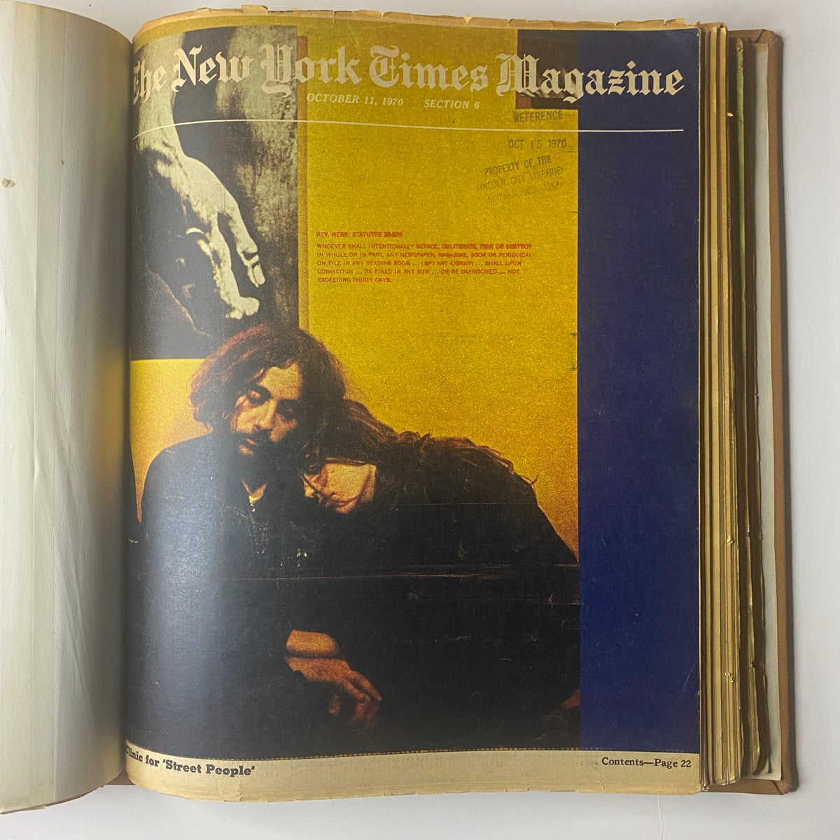 The New York Times Library Edition Bound Magazine 1970 September - October, highlighting a page from the October 11, 1970 edition, displaying a striking artistic layout featuring individuals in an emotional scene, capturing the spirit of the time.