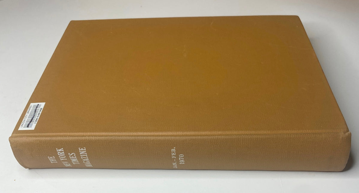 Spine view of 'The New York Times Library Edition Bound Magazine 1970 January - February', showing the title and publication months printed in white.