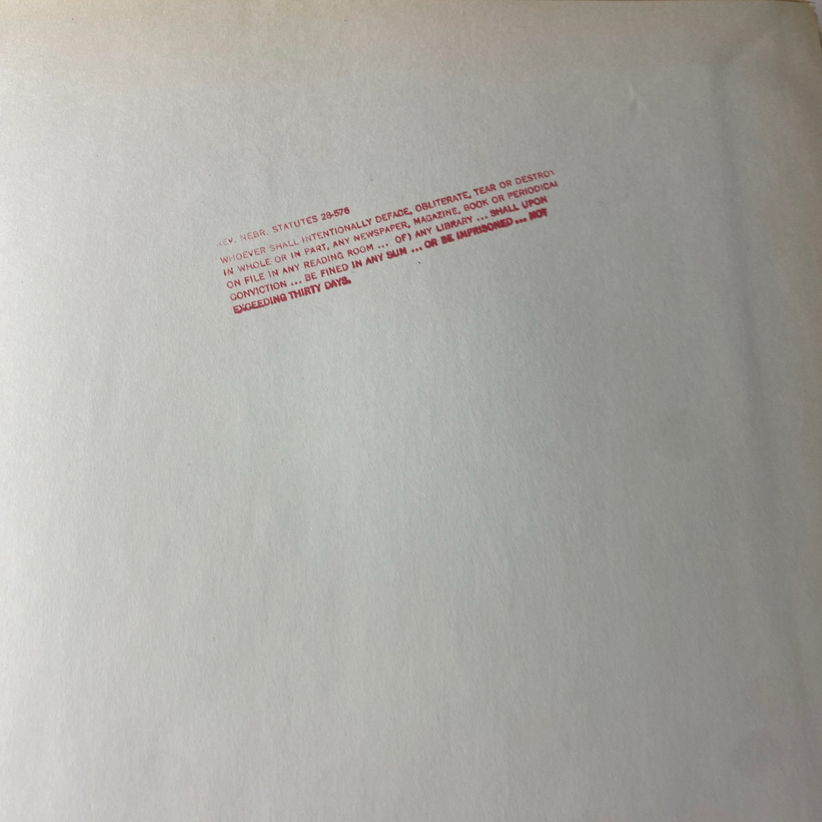 Back cover of The New York Times Library Edition Bound Magazine 1970 January - February, featuring a warning against defacing library property.