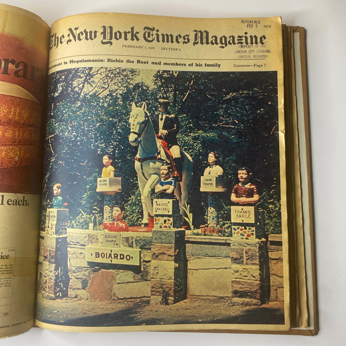Front cover of The New York Times Magazine dated February 1, 1970, displaying a colorful image of a monument with figures commemorating Richie the Boot and his family.
