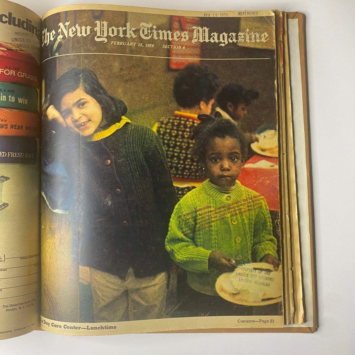 The New York Times Library Edition Bound Magazine 1970 January - February, highlighting a cover from February 15, 1970, depicting two children in a day care center at lunchtime, showcasing cultural diversity.