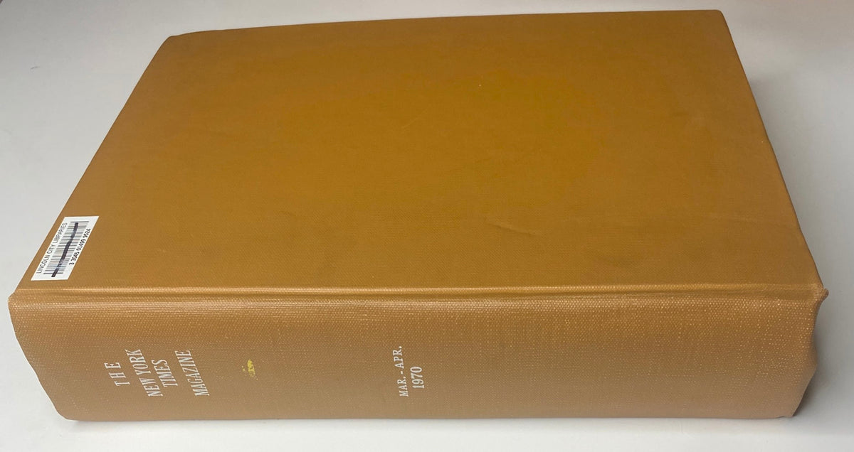 Spine of The New York Times Library Edition Bound Magazine 1970 March - April, displaying the title and dates 'The New York Times Magazine MAR. - APR. 1970' on the cover.