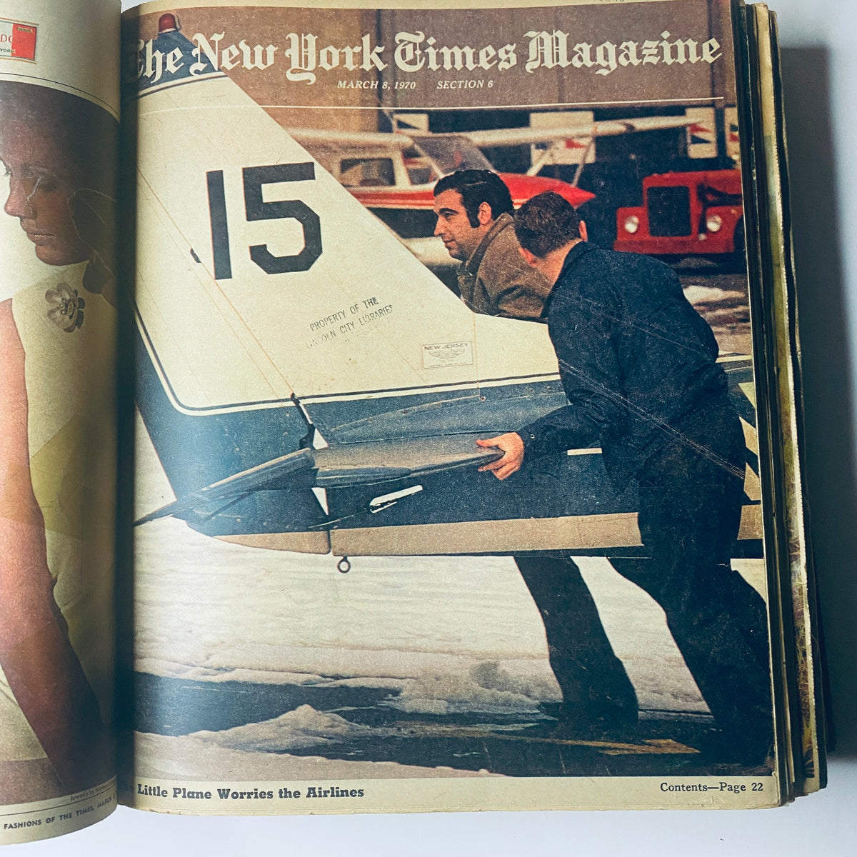 Cover image of 'The New York Times Magazine March 8, 1970,' displaying two men preparing an aircraft with the title 'Little Plane Worries the Airlines'.