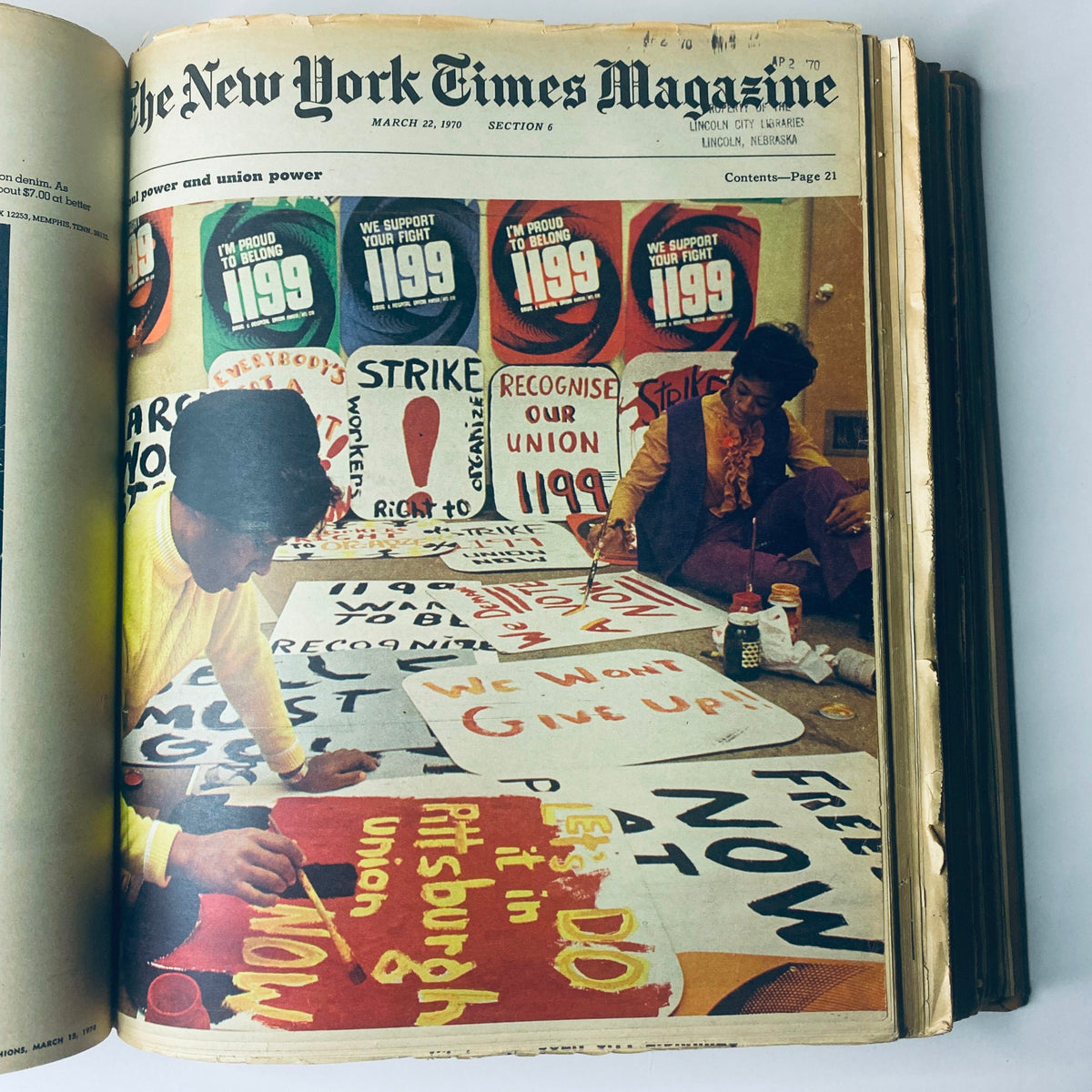 The New York Times Magazine, March 22, 1970, featuring activists creating protest signs advocating for union power and labor rights.