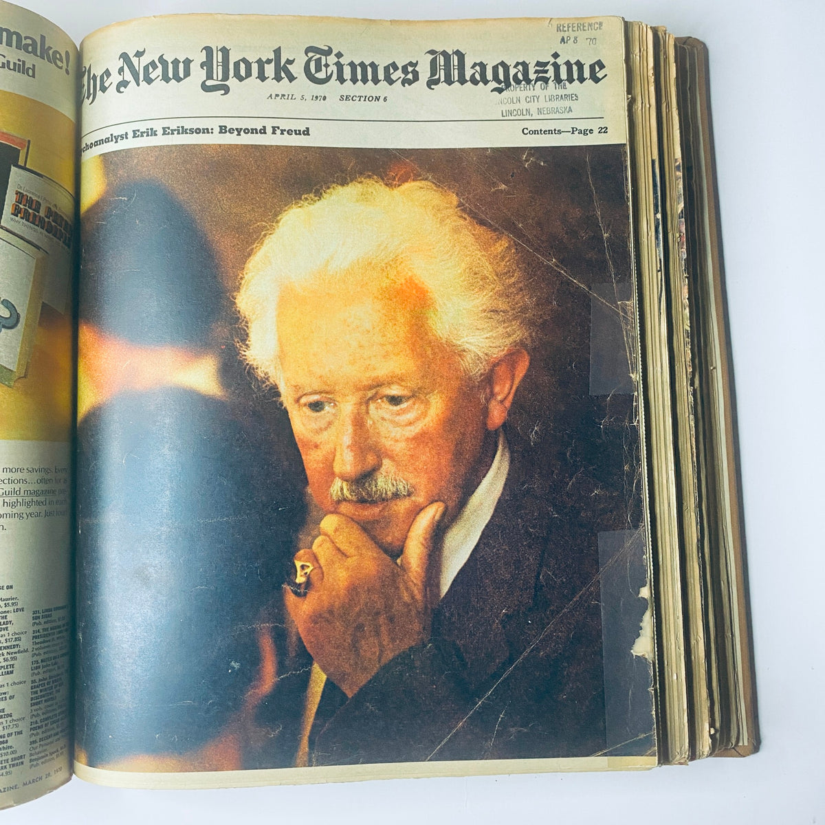 The New York Times Magazine, April 5, 1970, showcasing a portrait of psychologist Erik Erikson, discussing themes related to identity and Freud.