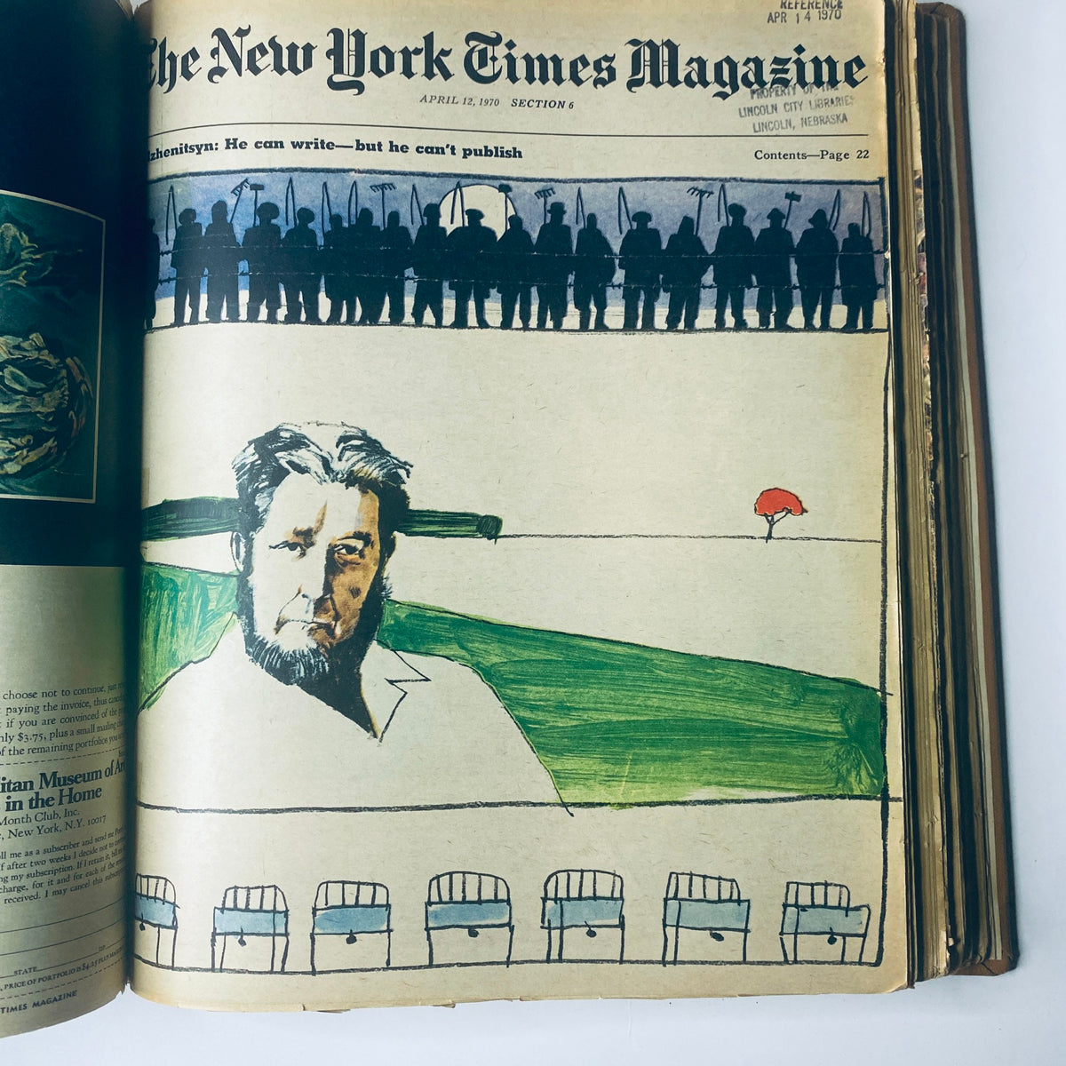 The New York Times Magazine, April 12, 1970, illustrating an artistic representation of a man in reflection, juxtaposed with soldiers in the background.