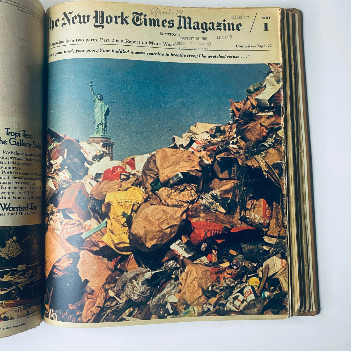 The New York Times Magazine, April 19, 1970, featuring a significant image of the Statue of Liberty amidst a heap of trash, highlighting environmental concerns.