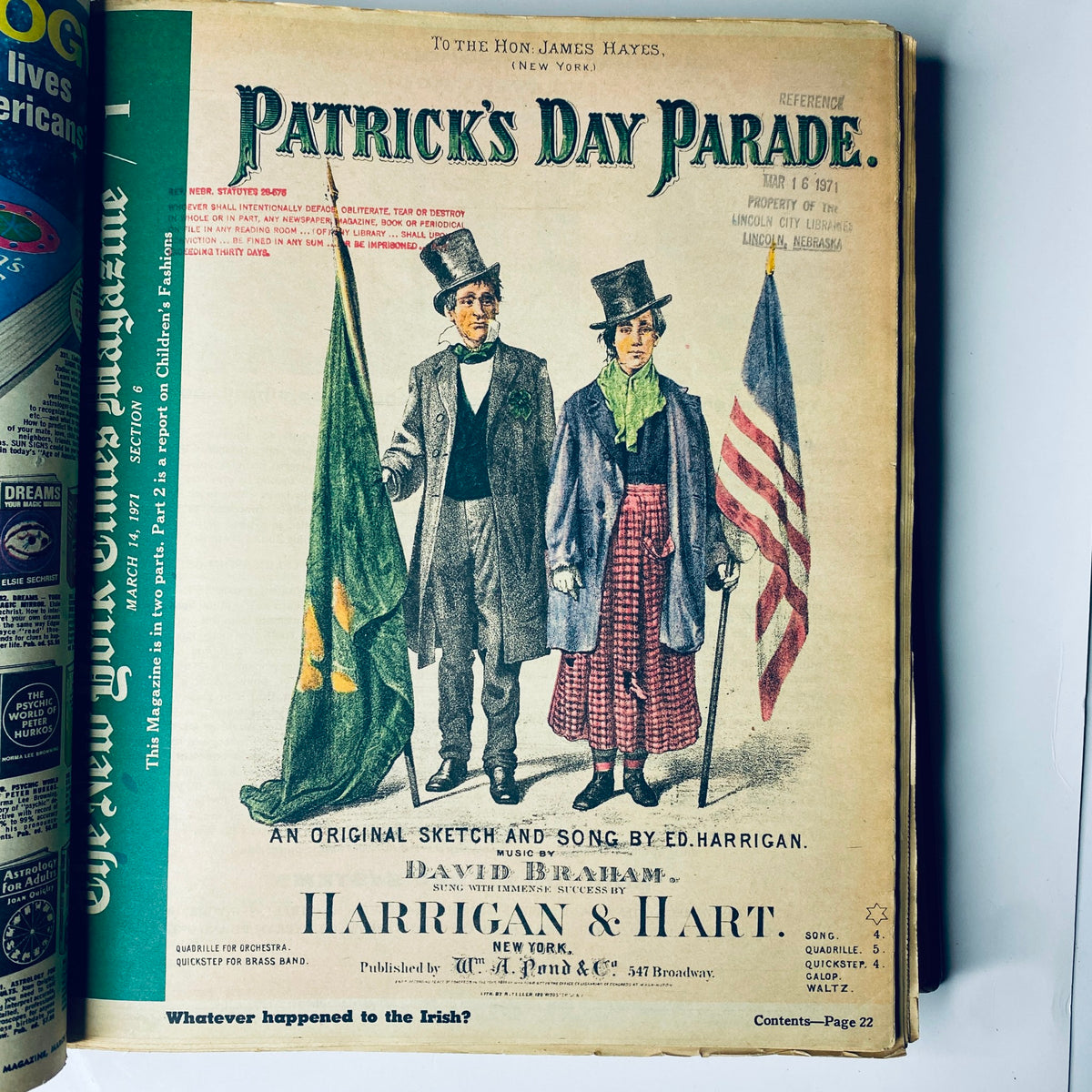 The New York Times Library Edition Bound Magazine 1971 March - April featuring a vintage advertisement for 'Patrick's Day Parade' with illustrated characters holding flags.