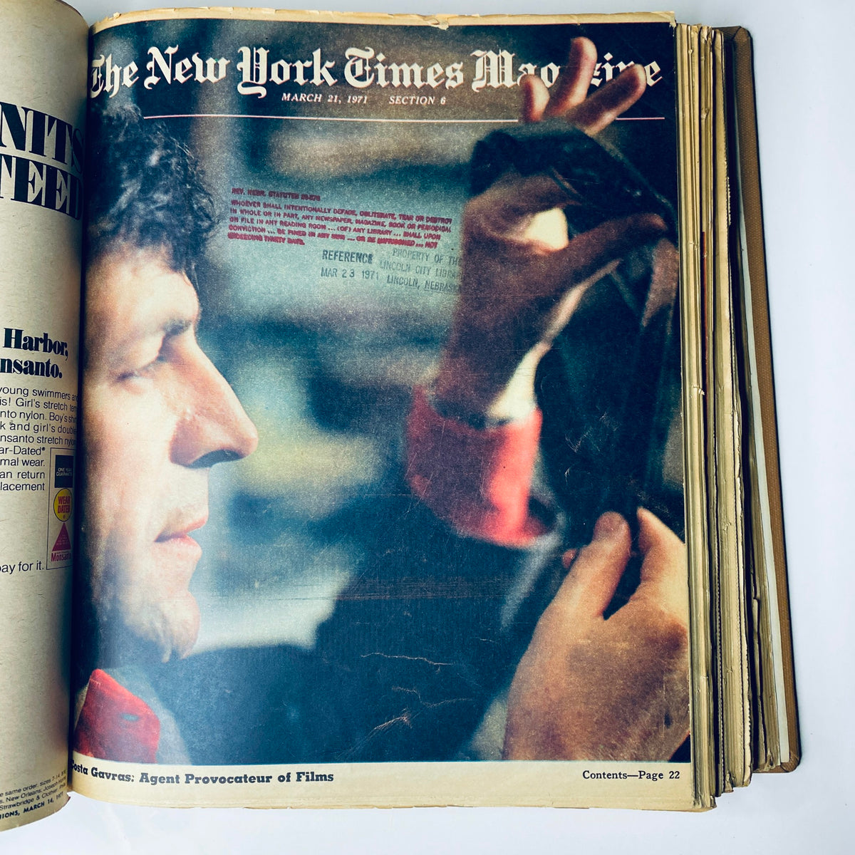 The New York Times Library Edition Bound Magazine 1971 March - April featuring a poignant image of a man examining film equipment, reflecting 1970s media culture.