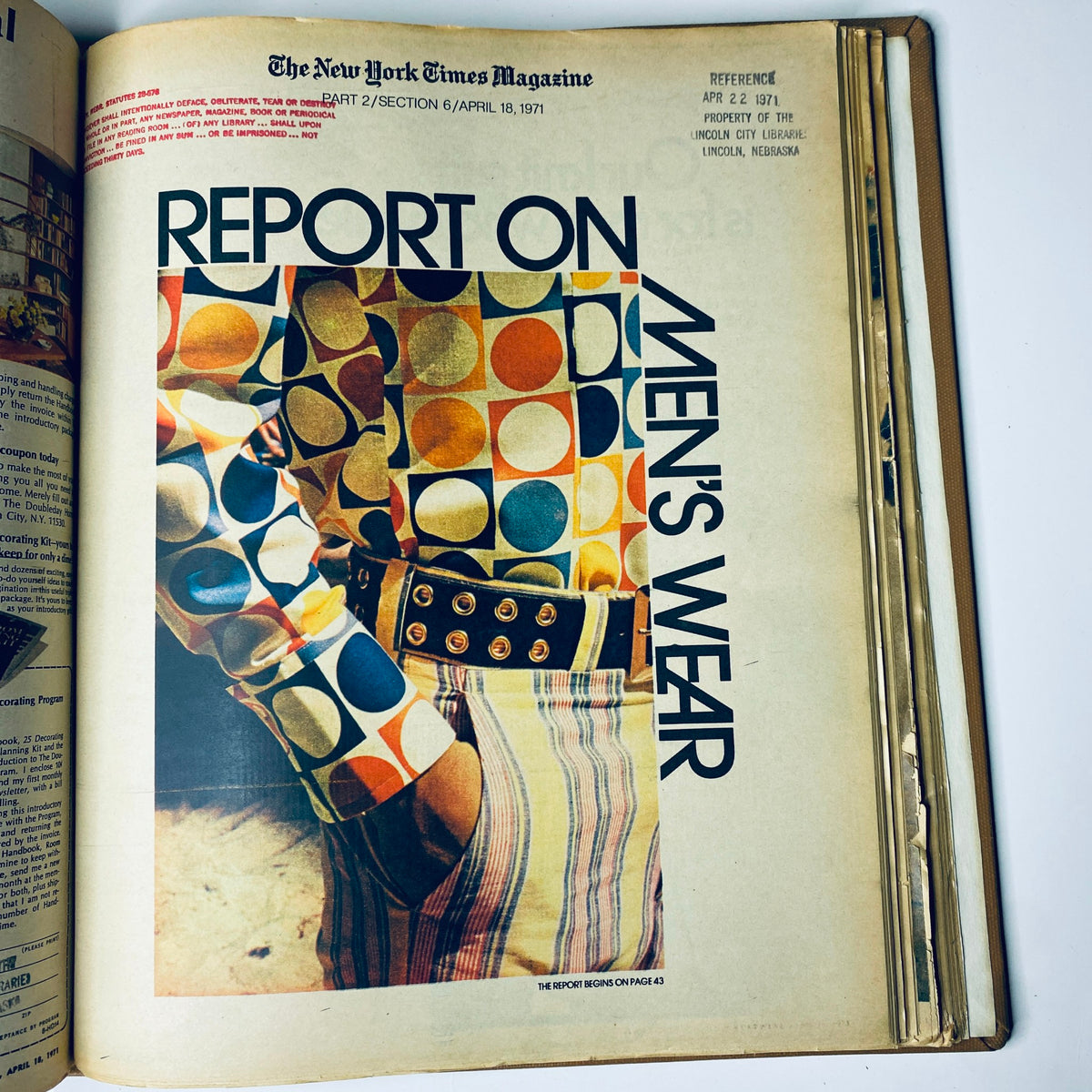 Cover of The New York Times Magazine, April 18, 1971, featuring a bold report on men's wear with vibrant patterns, illustrating 1970s fashion trends and their impact on society.
