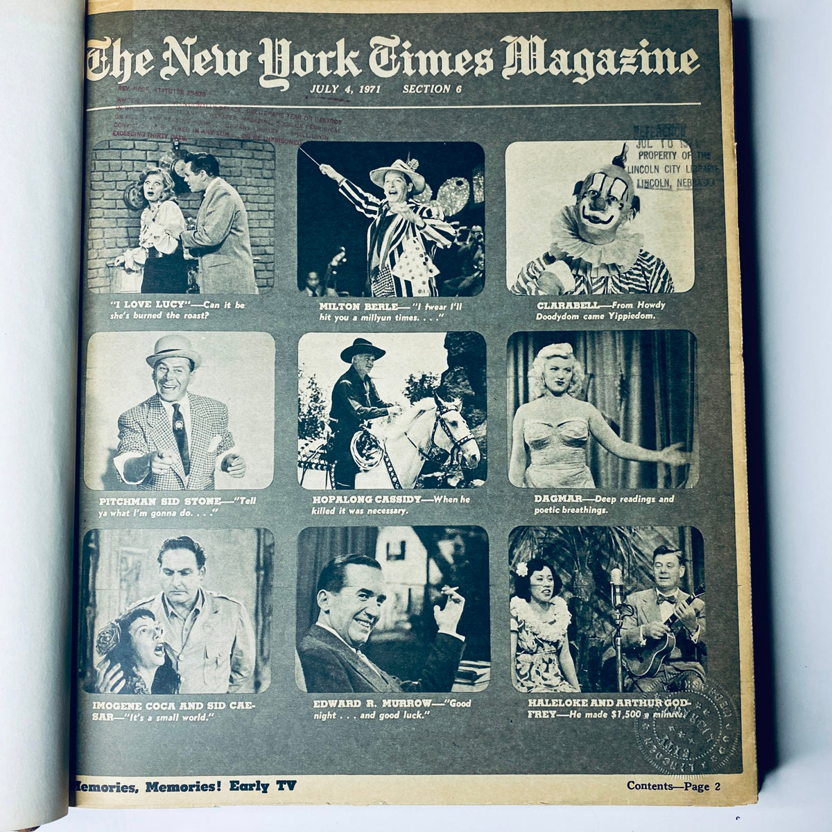 Inside page of The New York Times Magazine, July 4, 1971 edition, showcasing early TV personalities and program highlights.