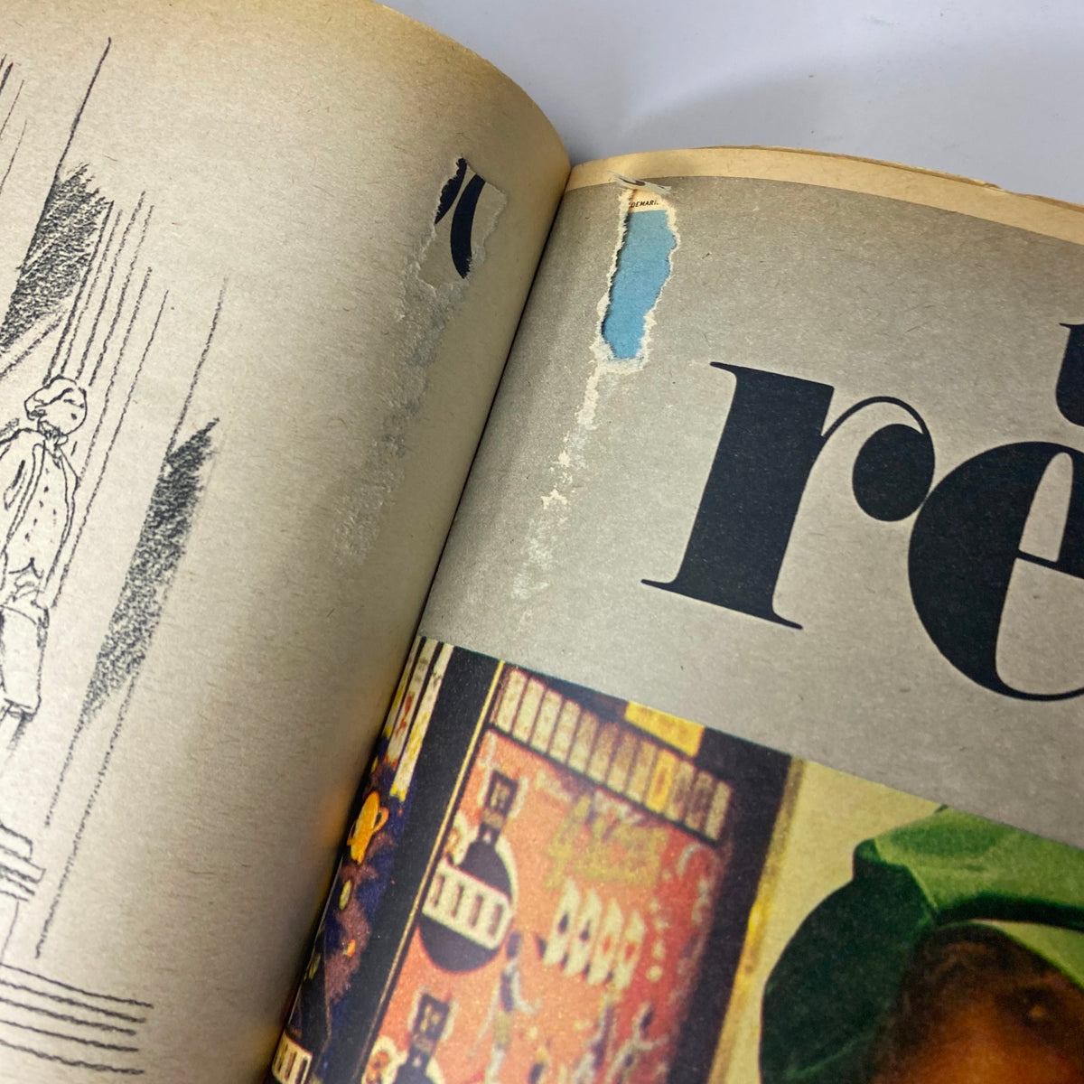 Interior page of The New York Times Bound Magazine March-April 1972 showing wear and tear, including a torn and discolored section. Spiderman Political Cartoon visible.